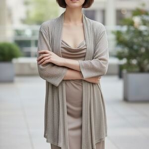 Connected Apparel Taupe Dress with Cardigan